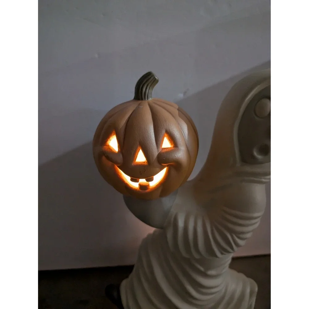 Vintage Ceramic Running Ghost Holding Pumpkin Lighted Halloween Figurine 70s 80s